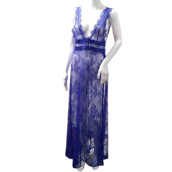 Sheer Lace Gown Wrap Electric Blue Deep V Festival Lingerie Goth S/M - Picture 2 of 13